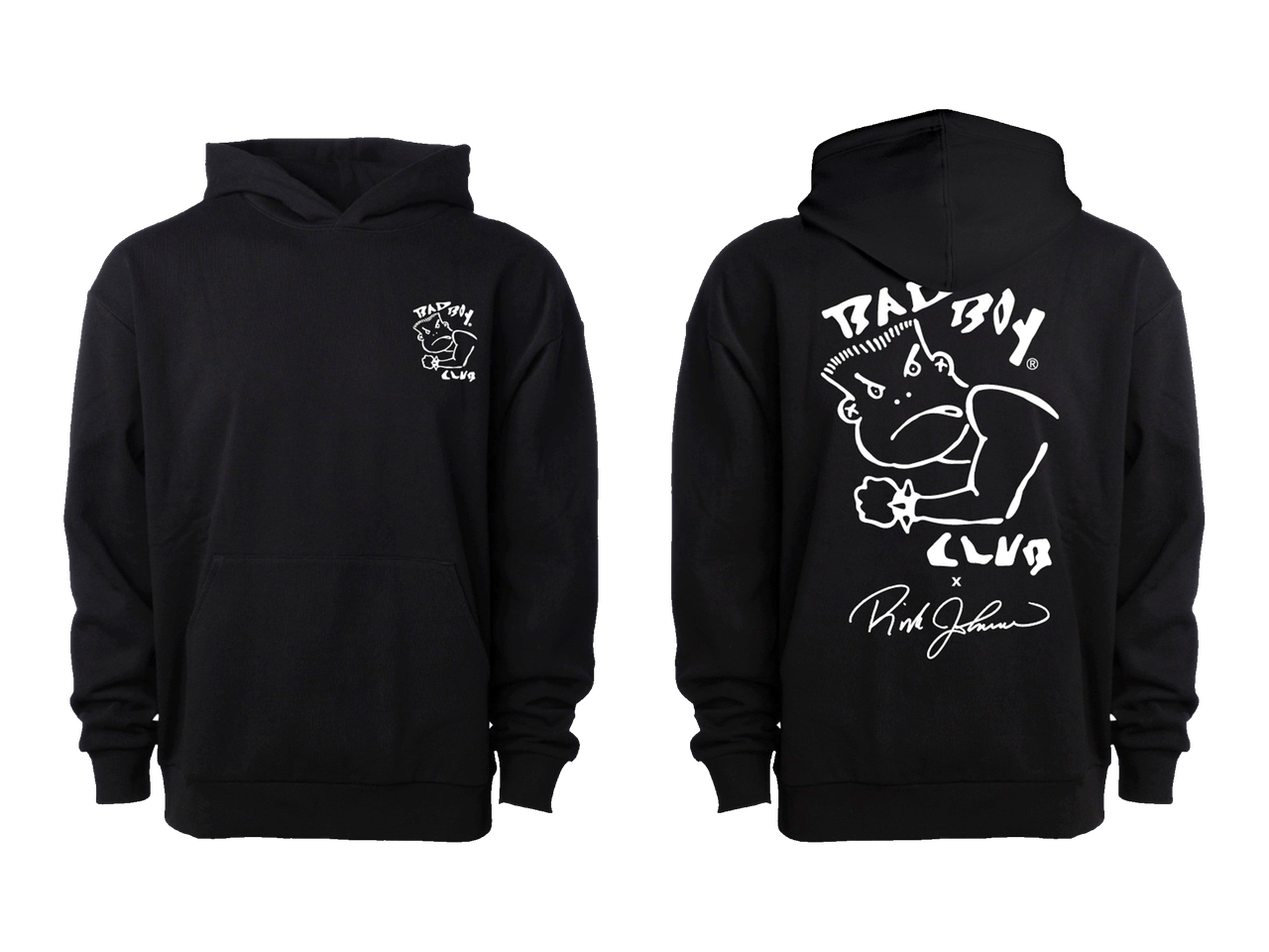 Bad Boy Club Hoodie — black, front and back views from original supplier artwork