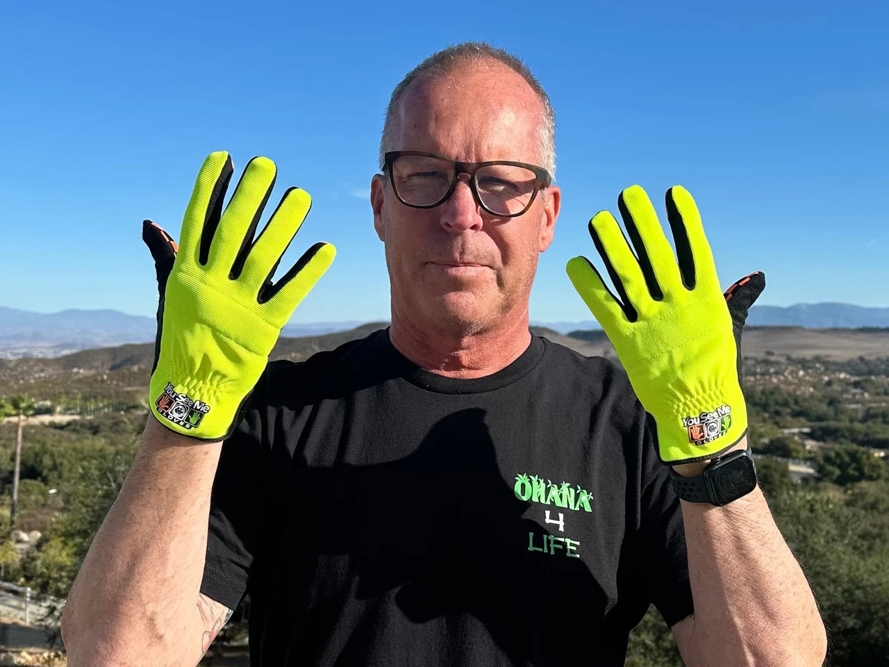 You See Me - Pre Run Gloves — Ricky Johnson showing the high-visibility glove backs