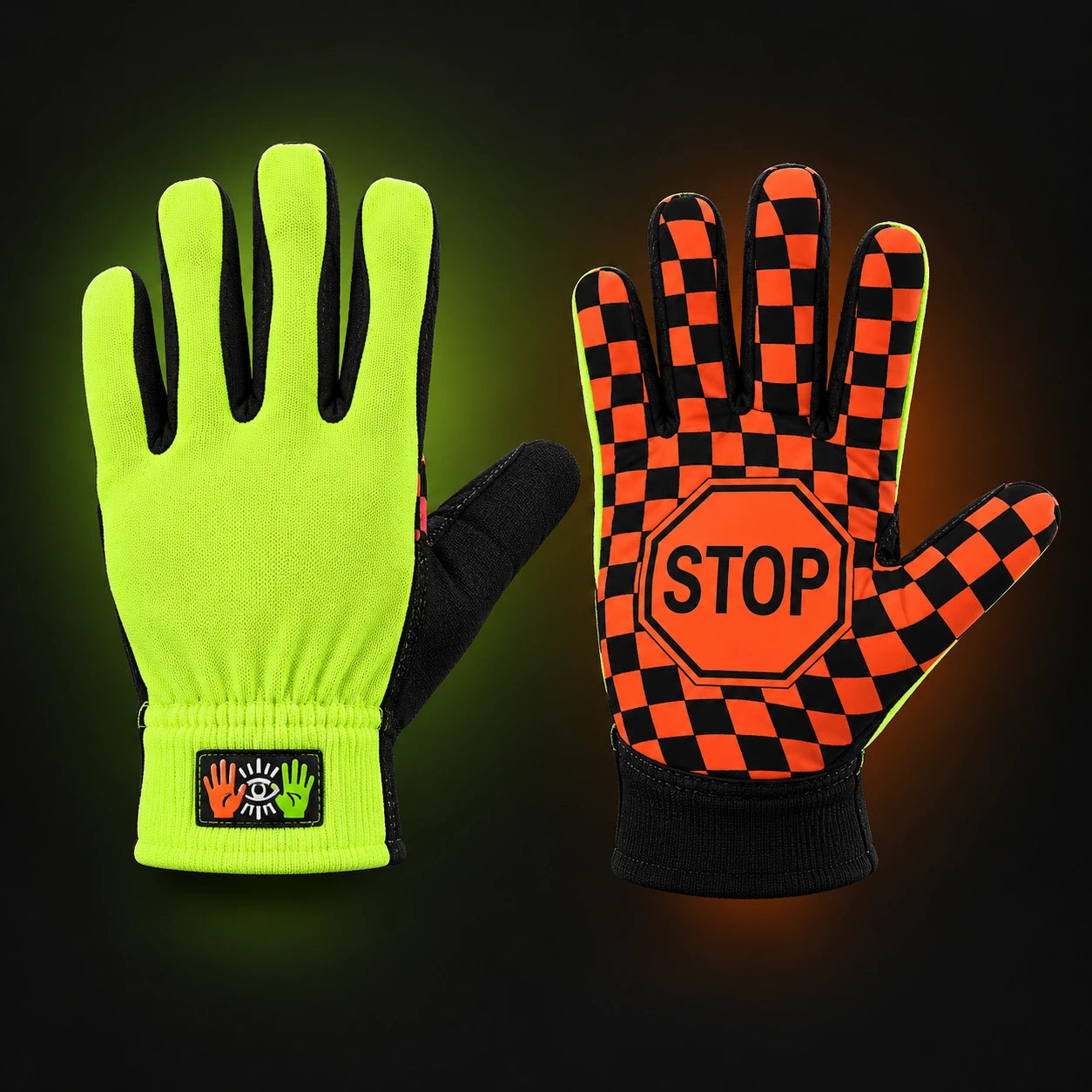 You See Me - Pre Run Gloves — promotional rendering showing the green back and orange checkerboard STOP palm